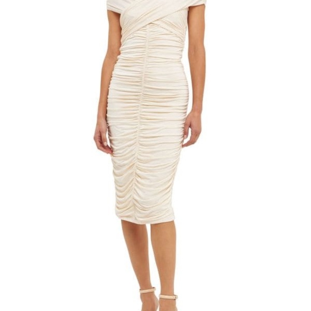 Endless Rose Cream Ruched Off-Shoulder Midi Dress